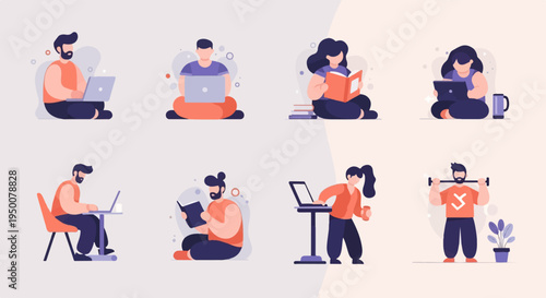 Diverse people engaged in learning, work, and exercise activities