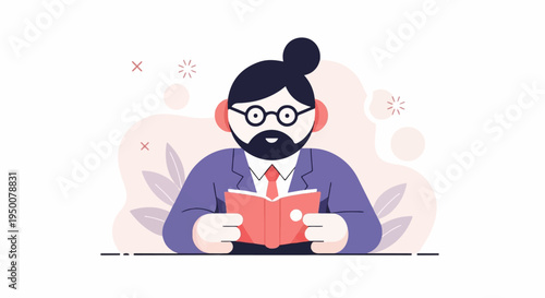 Stylized man with beard, glasses, and bun reads a book