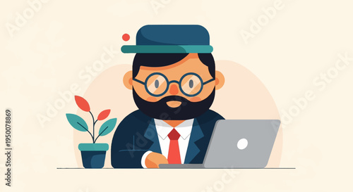 Stylized man with beard, glasses, and hat works on laptop beside potted plant