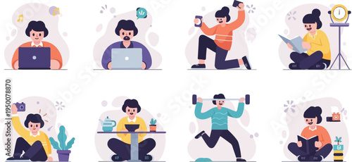 Diverse people engaged in leisure, work, and fitness activities