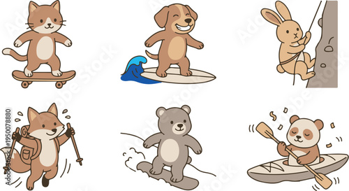 Cute Animals Enjoying Outdoor Adventures and Action Sports Illustrations
