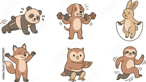 Cute Animals Exercising and Doing Fitness Workouts Vector Illustration
