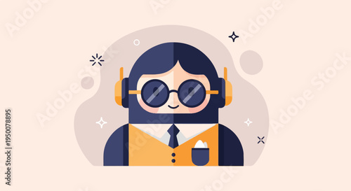 Stylized character with headphones, glasses, and formal attire