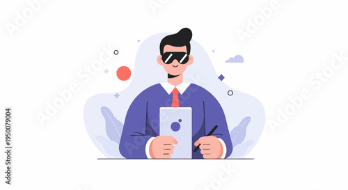 Stylized character wearing sunglasses, holding a tablet and stylus, with abstract background elements