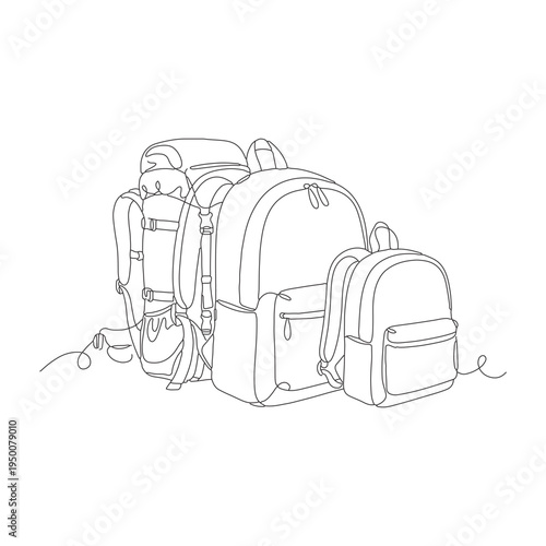 Minimalist line drawing of hiking backpacks set. Minimalist mountain trekking equipment vector illustration for outdoor adventure concept.