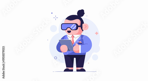 Stylized character wearing VR headset and holding a tablet