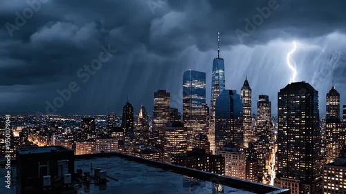 Wallpaper Mural Video of City Storm Night – Lightning flash, dramatic skyline capturing intense weather atmosphere, urban resilience concept and cinematic metropolitan background for media and advertising use. Torontodigital.ca