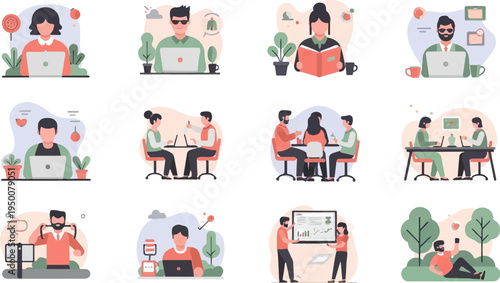 Diverse people engaged in modern work and leisure activities