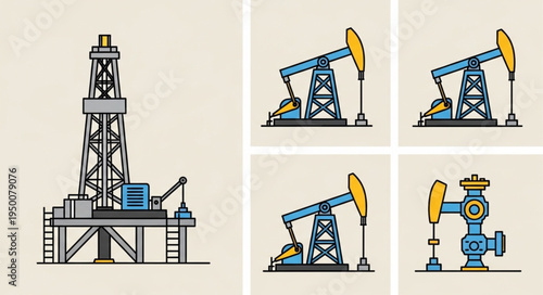 Oil Industry Equipment - Derrick, Pumpjacks, and Wellhead Illustrations.