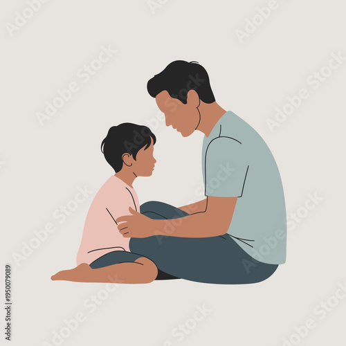 A father and child sit facing each other on the floor, sharing a moment of connection and attention.