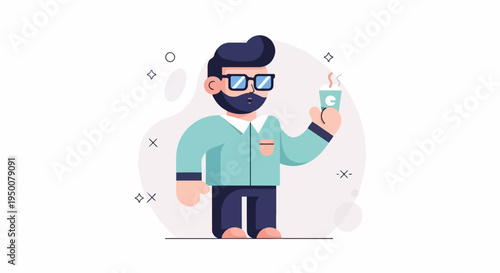 Stylized man with beard, glasses, holding a coffee cup