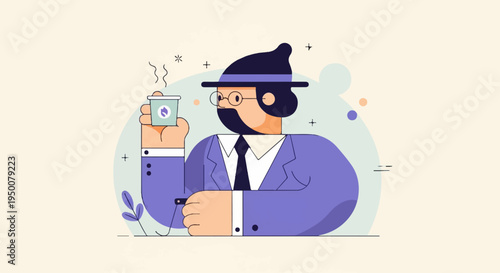 Stylized gentleman in a suit and hat enjoys a steaming cup of coffee