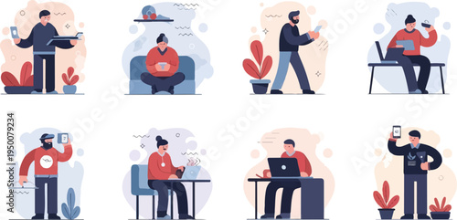 Diverse individuals engaged with digital devices in stylized settings