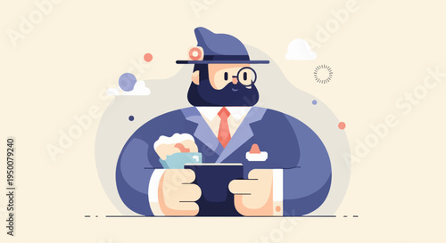 Stylized gentleman in hat and suit holds a drink and tablet, with abstract shapes