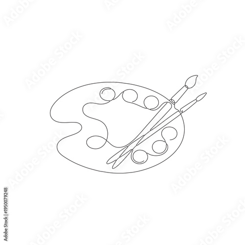 Minimalist line drawing of artist palette and paint brushes. Minimalist art equipment vector illustration for creativity and painting concept