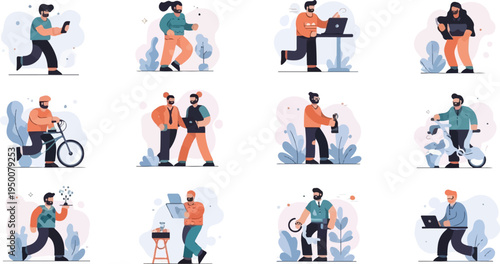 Diverse people engaged in various activities and hobbies, digital art