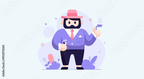 Stylized gentleman with beard, hat, suit, and smoking pipe