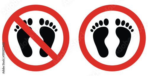 No, step or no barefoot prohibition signs featuring footprint symbols, safety restriction and public notice concept, modern flat vector illustration for workplaces, public spaces, and digital design