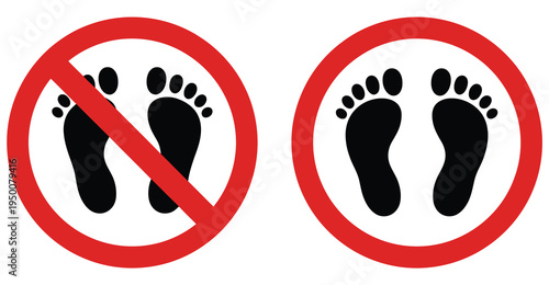 No, barefoot and no stepping icon set with footprint prohibition symbols, representing safety rules and restricted areas, clean modern flat vector design for signage, apps, websites, and user 