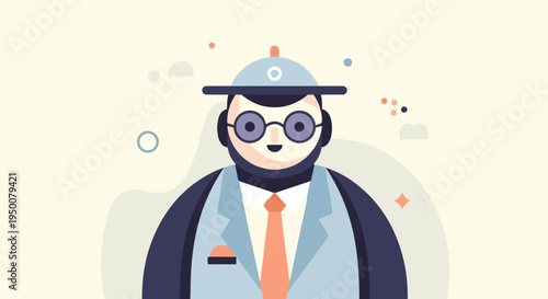 Stylized character with glasses and tie, against abstract backdrop