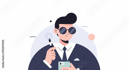 Stylized man with glasses, phone, and stylus, business attire