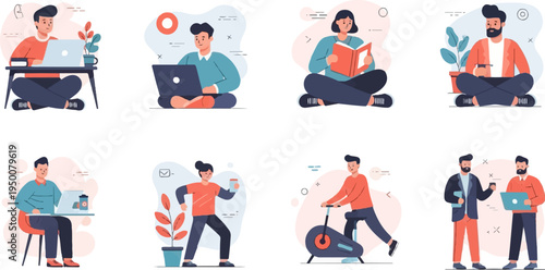 Diverse people engaged in various activities, from work to leisure and fitness