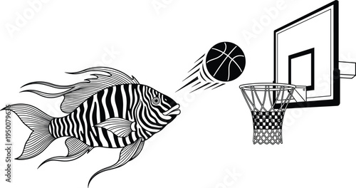 fish, basketball, hoop, sport, surreal, funny, concept, animal, aquatic, motion, jump, fantasy, creative, cartoon, illustration, vector, unique, humor, game, design, graphic, artwork