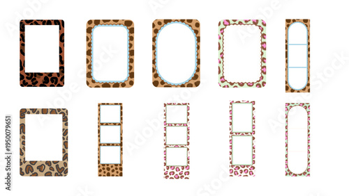Trendy frame leopard print icon set with cute fashion elements for sticker, logo, branding, textile, and social media design. Stylish vector illustration collection isolated on white background.