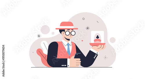 Stylized illustration of a man in a hat and suit holding a phone and a tray