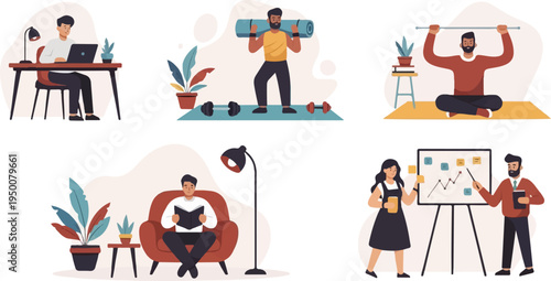 Diverse individuals engaged in work, fitness, relaxation, and business presentations