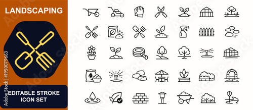 Landscaping web icons in line style. Garden tools, lawn, plants, pruning, soil, watering, greenhouse, backyard. Editable stroke. Vector illustration.