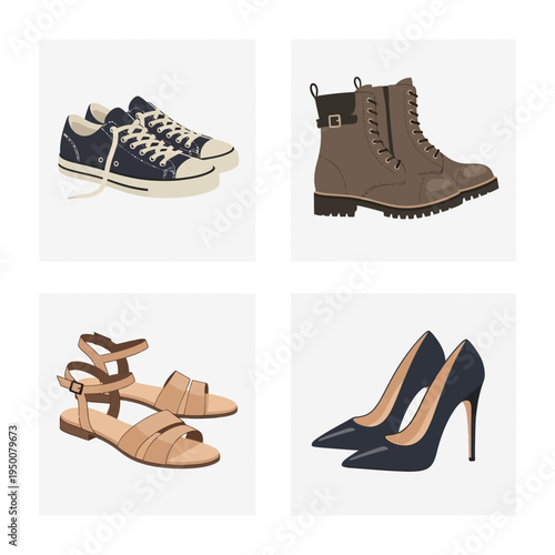 Collection of various footwear styles including sneakers boots sandals and high heels.