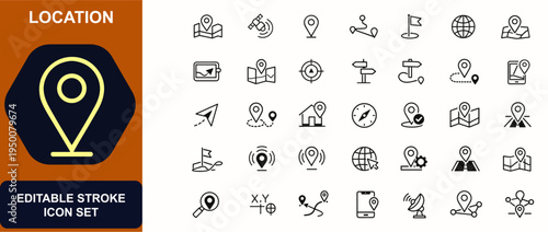 Location web icons in line style. GPS navigation, map pin, route guidance, destination marker, waypoint, globe positioning set. Editable stroke. Vector illustration.