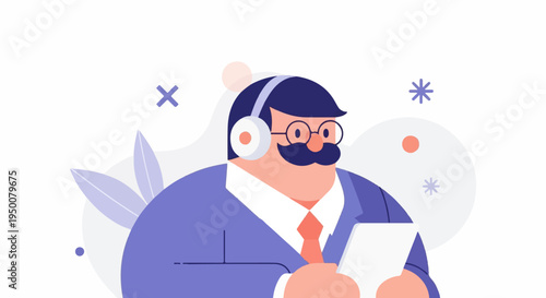 Stylized man with headphones and phone, abstract background shapes