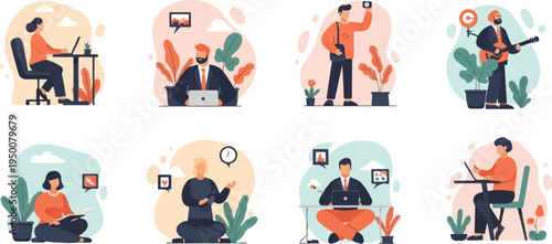 Diverse people engaged in various activities, from working to hobbies