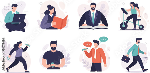 Diverse individuals engaged in work, fitness, reading, and communication