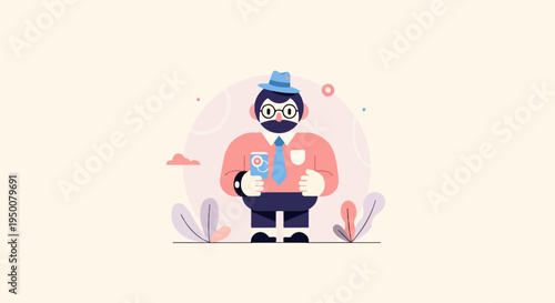 Stylized illustration of a man in a hat holding a can