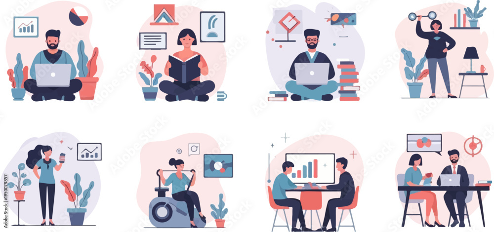 Fototapeta premium Diverse individuals engaged in work, learning, fitness, and meetings