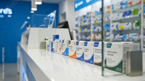 Video pharmacist counter scene with medicine boxes organized in clean pharmacy interior, ideal for healthcare marketing, medical retail branding, pharmaceutical advertising, and wellness service