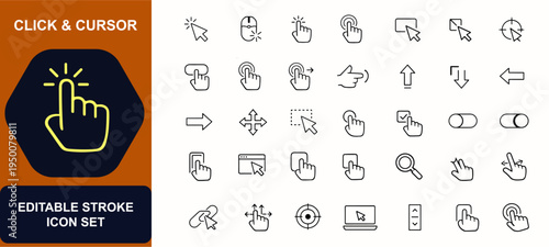 Click and cursor web icons in line style. Pointer navigation, mouse tap, finger gesture, button press, arrow select, UI control, touchscreen set. Editable stroke. Vector illustration.