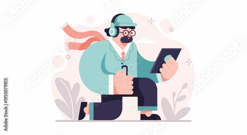 Stylized man in a teal jacket, headphones, and scarf, holding a tablet