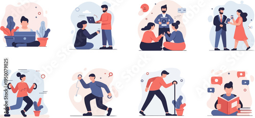 Diverse people engage in various activities working, exercising, and socializing