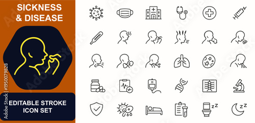 Sickness and disease web icons in line style. Virus infection, hospital care, symptom diagnosis, medical clinic, flu fever, hygiene mask. Editable stroke. Vector illustration.