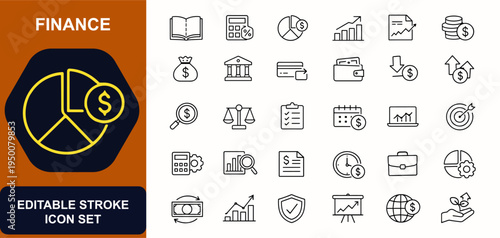 Finance web icons in line style. Ledger, tax calculator, budget chart, profit report, income, expense tracking, accounting tools, planning. Editable stroke. Vector illustration.