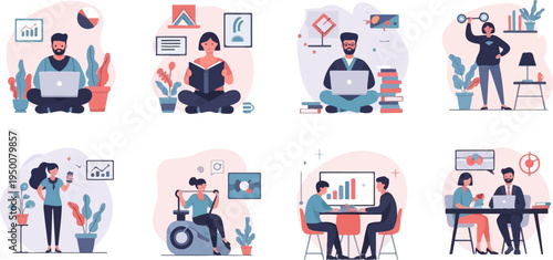 Diverse individuals engaged in work, learning, fitness, and meetings