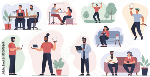 Diverse people engage in various daily activities, from work and leisure to exercise