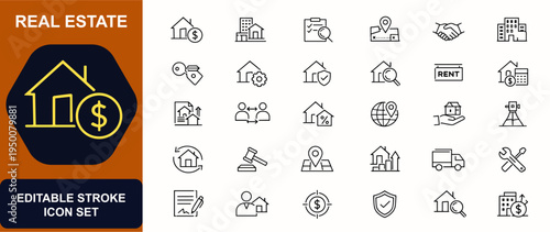 Real estate web icons in line style. Mortgage, property management, residential home, building inspection, land valuation, broker deal, apartment rent. Editable stroke. Vector illustration.