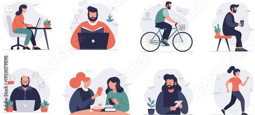 Diverse people engage in various daily activities like work, leisure, and exercise