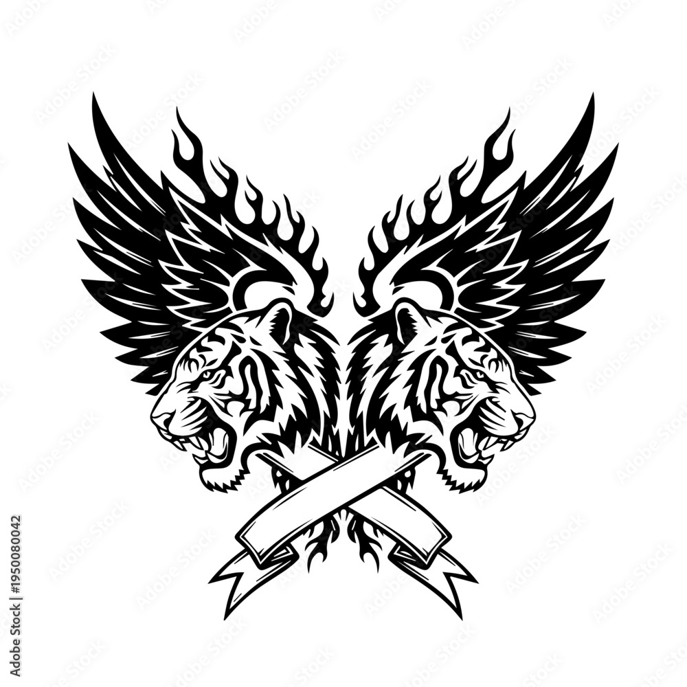 Obraz premium Tigers with Wings and Banner Emblem