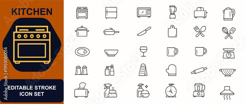 Kitchen web icons in line style. Appliances, utensils, oven, blender, microwave, tableware, knife, kettle, bowl, plate, cooking tools. Editable stroke. Vector illustration.